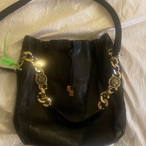 Bulgari Black Leather Shoulder Bag with Gold Chain
